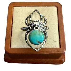 Round Turquoise Spider Boho Ring Sterling Silver Southwestern Sz 6